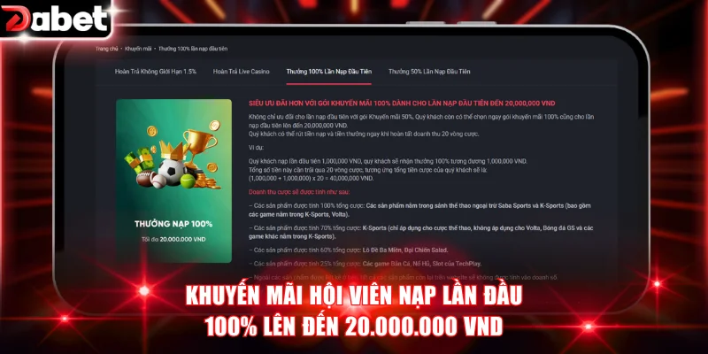 Khuyến mãi hội viên nạp lần đầu 100% lên đến 20.000.000 VND